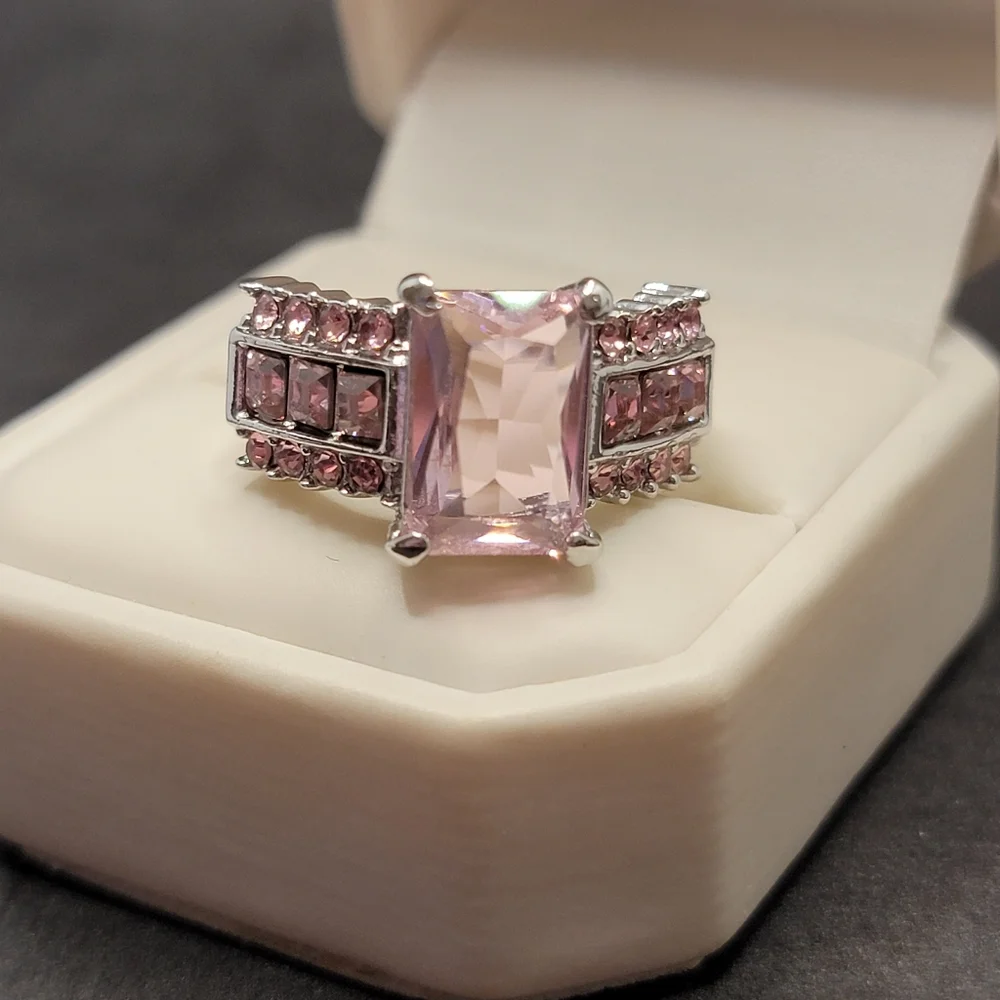 Silver Tone Simulated Pink Gemstone Ring
